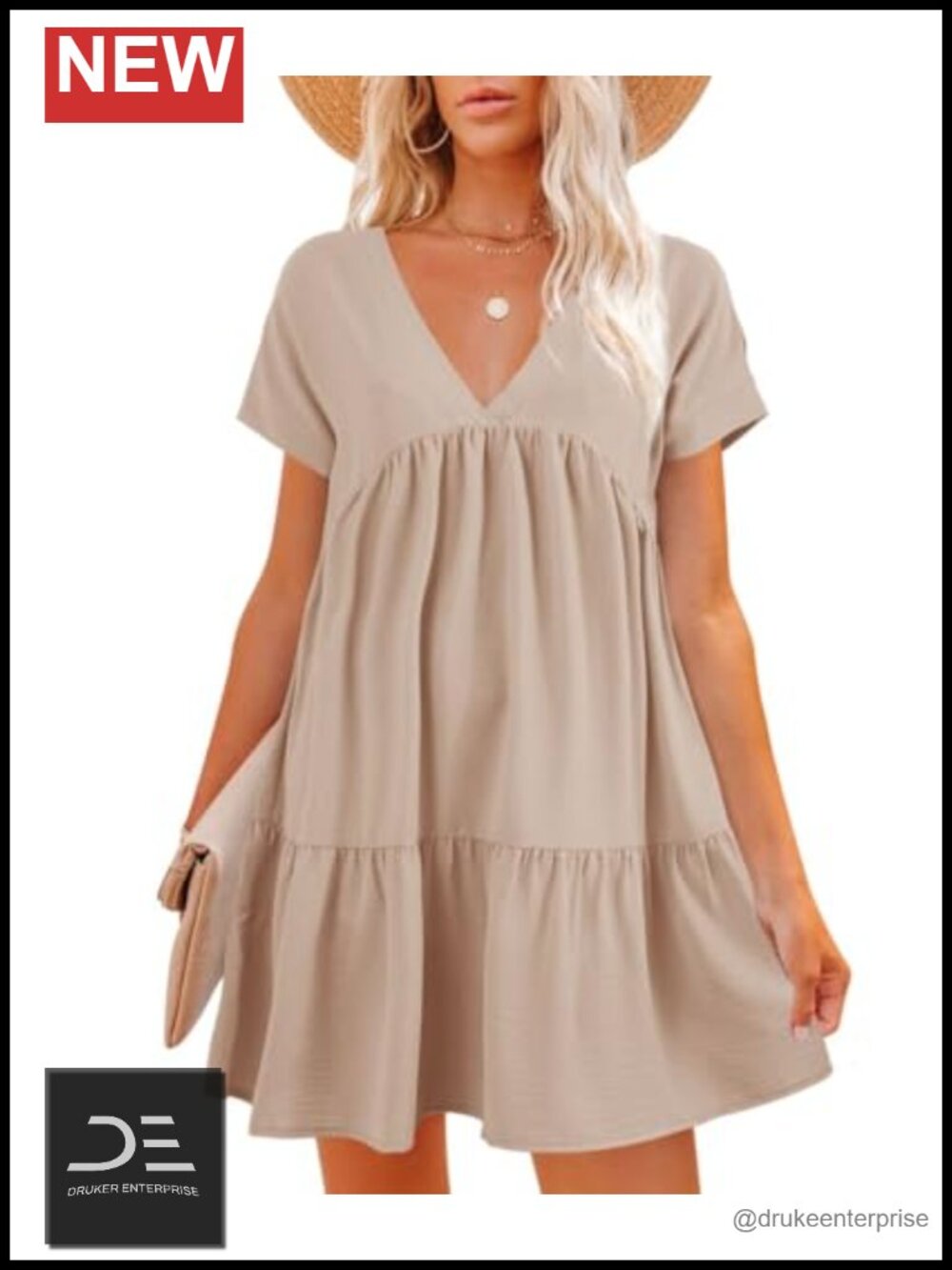 V Neck Flowy Babydoll Mini Dress Women Summer Short Sleeve Swing Casual Tunic